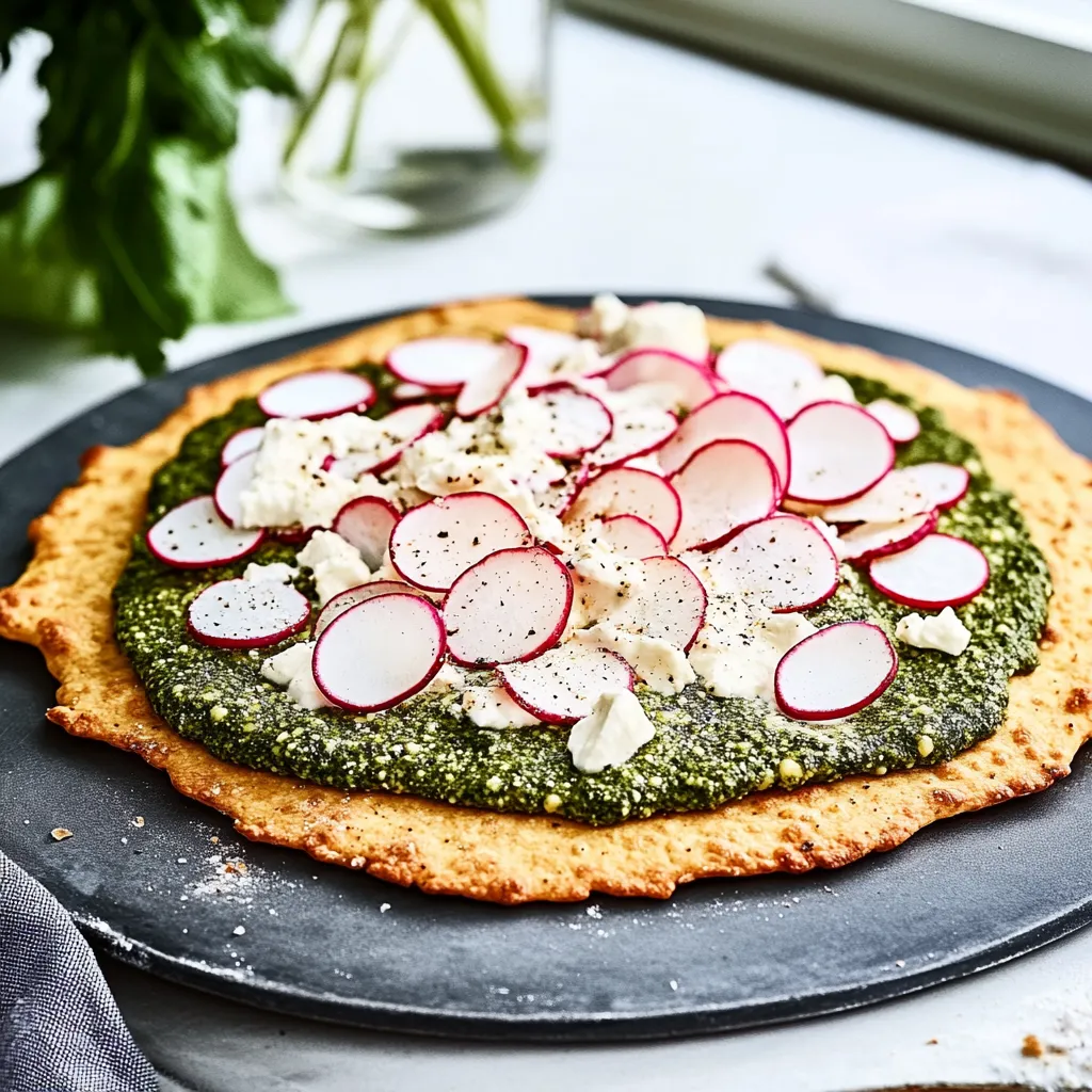 Eine pizza mit grünem Brot, Rüben, Käse und Zwiebeln.