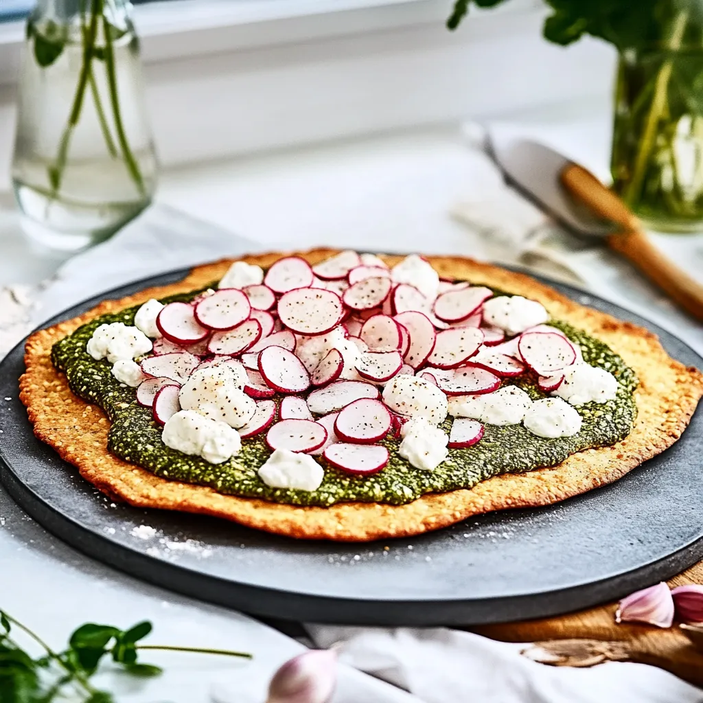 Eine pizza mit grünem Käse, Zwiebeln und Radishes.