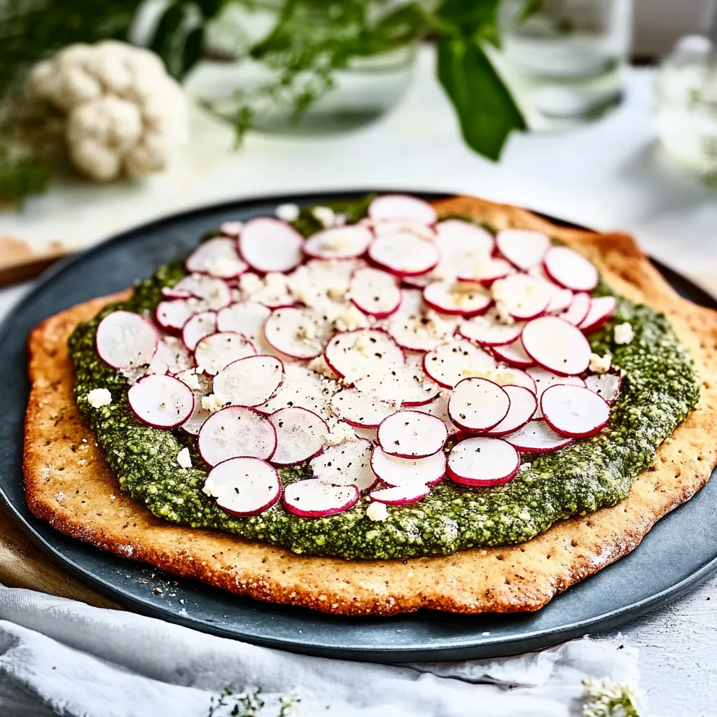 Eine pizza mit grünem Brot, gegrillten Zwiebeln und Radishes.