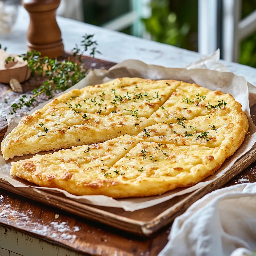 Ein weißer, gerösteter Käsekuchen auf einem Brett.