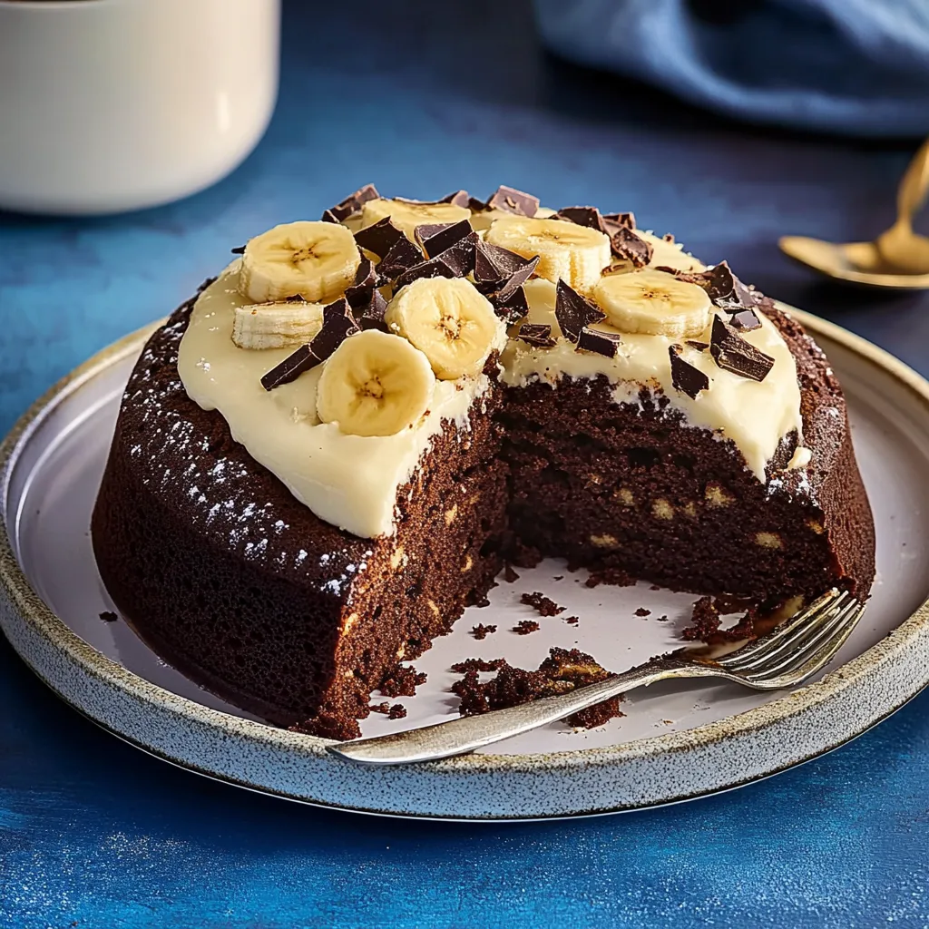 Ein Dessert mit Bananen und Schokolade auf einem Teller.