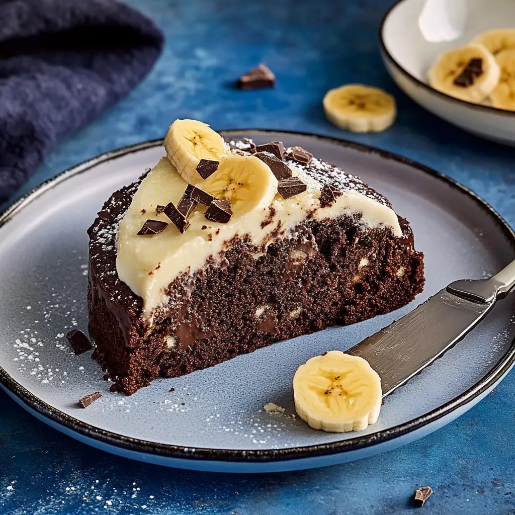 Eine Schokoladenkuche mit Bananen und Schokolade auf einem Plate.