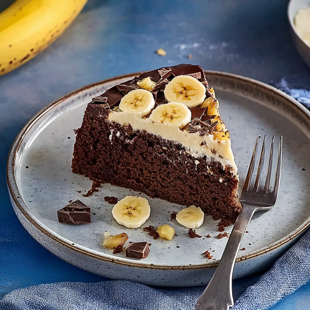 Eine Schokoladenkuche mit Bananen und Walnüssen auf einem Teller.