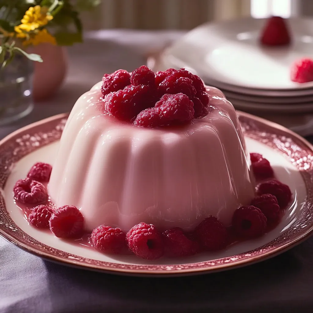 Eine Tasse mit einem raspeligen Dessert, das aus einer Mischung aus Raspberries und Jello besteht.
