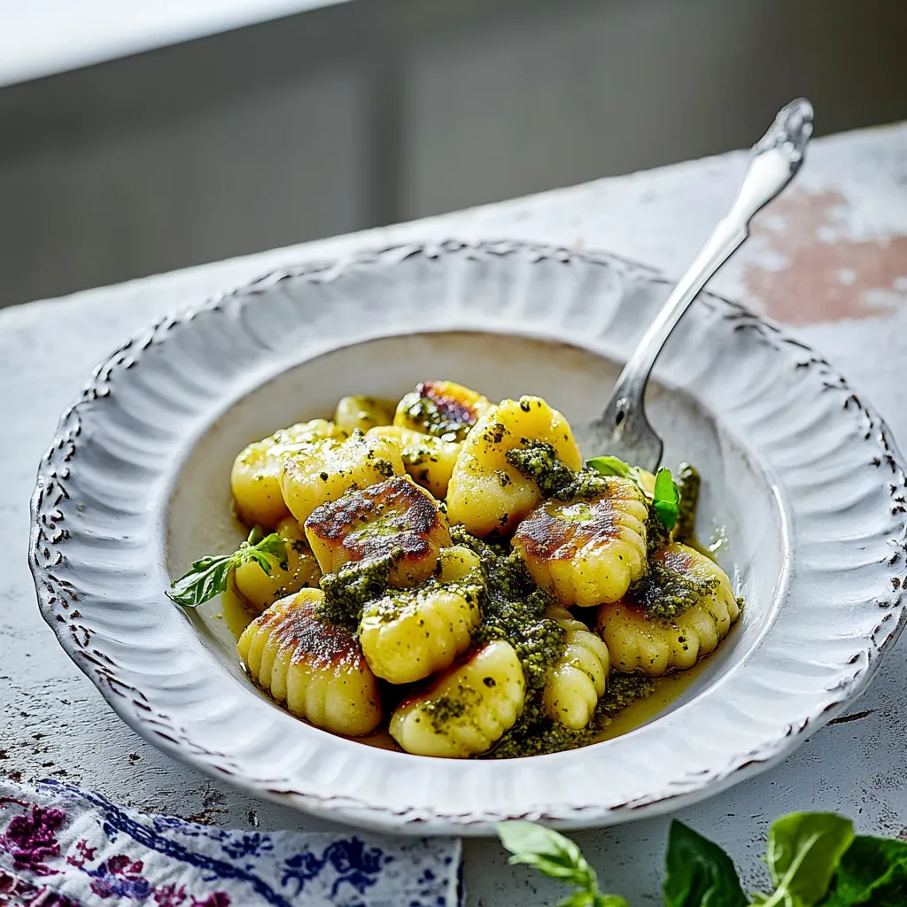 Ein weißer Teller mit einer Mischung aus Pasta, Zwiebeln und Kräutern.