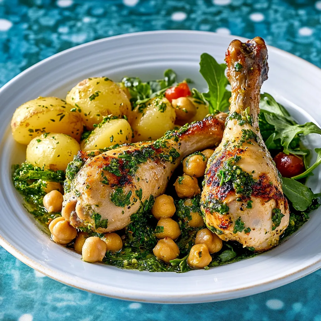 Ein Plate mit Chicken, Potatoes, Lettuce und Tomaten.
