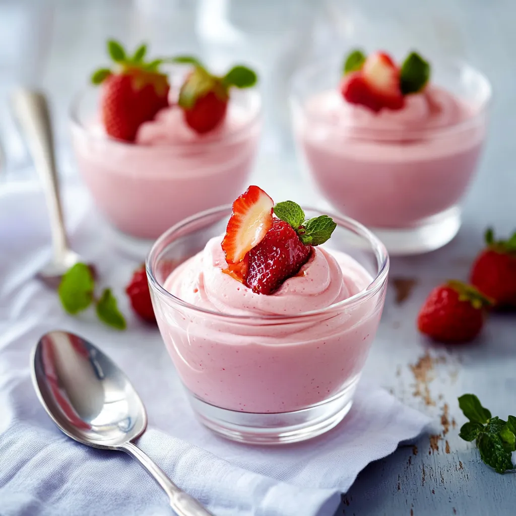 Ein Glas mit Strawberry-Pudding, der mit Strawberries und einer Blattgarnitur garniert ist.