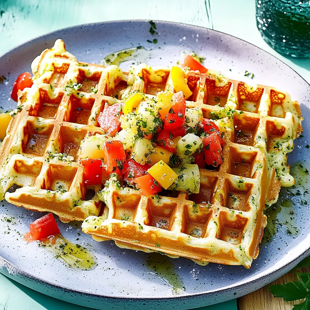 Ein Waffelkackerl mit frischem Käse, Tomaten, Papaya und Zwiebeln auf einem Plate.