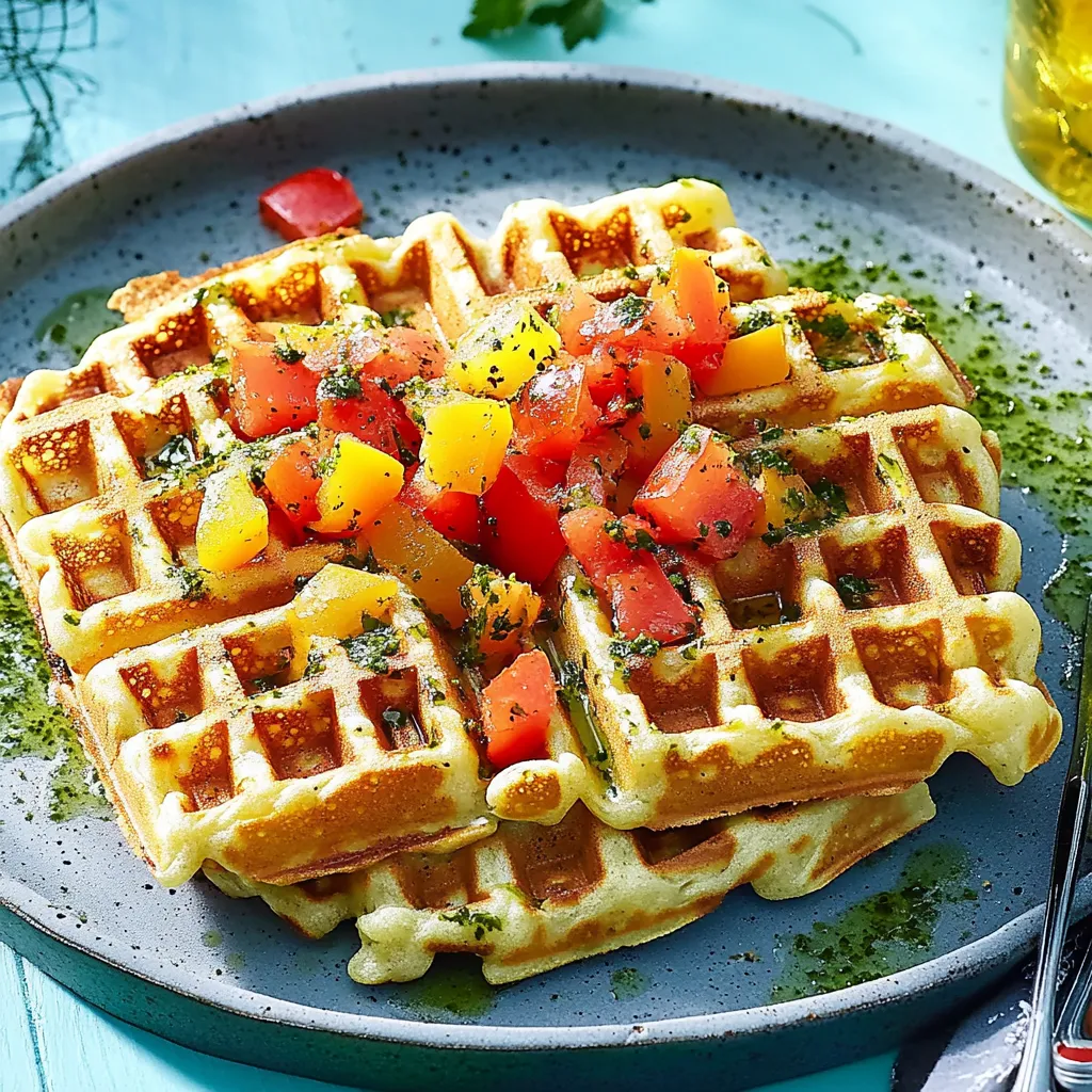 Ein Waffel mit frischen Tomaten und Basilikum darauf.