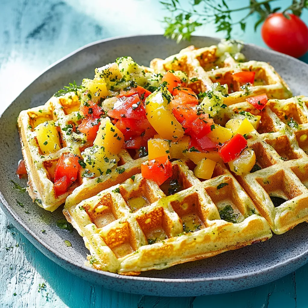 Ein Waffel mit Tomaten, Zwiebeln und Koriander auf einem Teller.