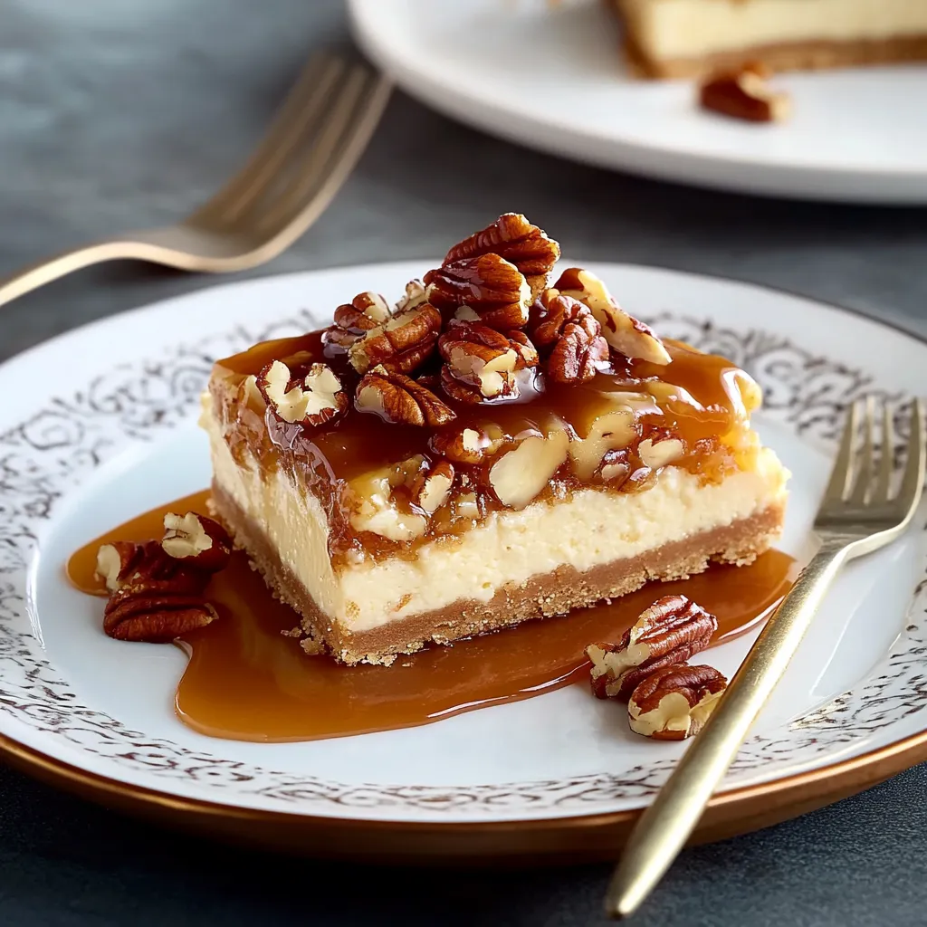 Ein Plate mit einer Portion von Pecan Pie, die mit Caramel sauce garniert ist.
