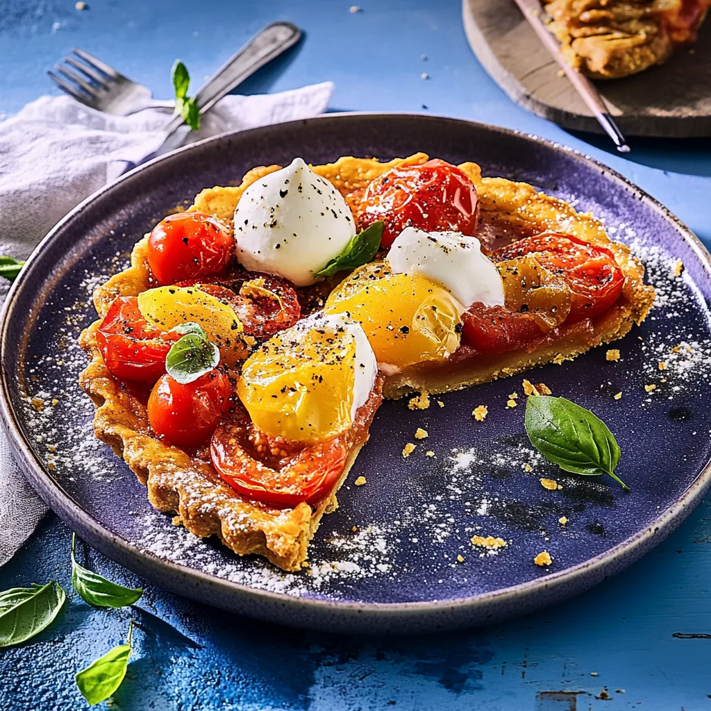 Eine Tomaten-Eier-Pizza mit frischem Basilikum auf einem blauen Teller.