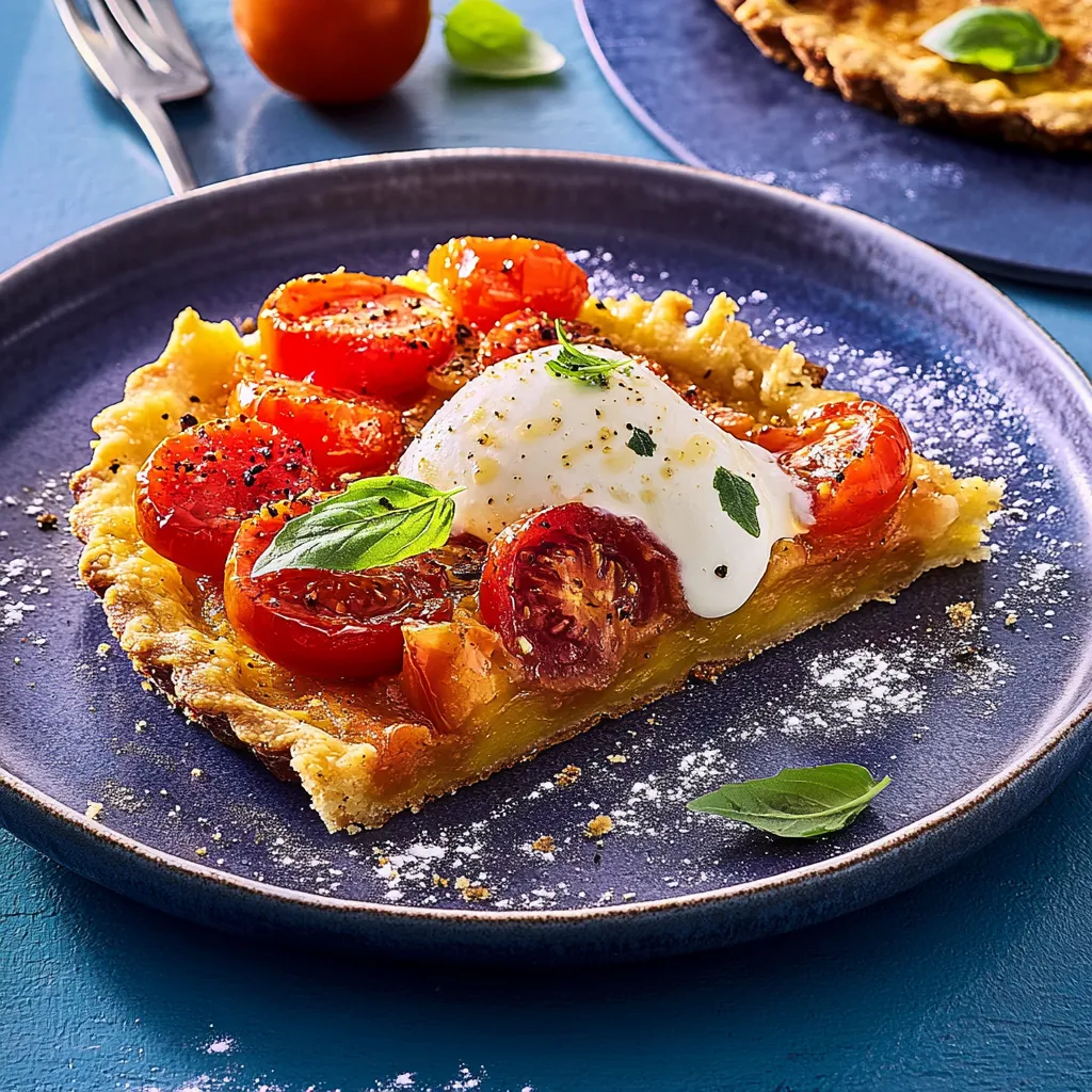 Eine Tomaten-Pizza mit frischem Käse auf einem Teller.
