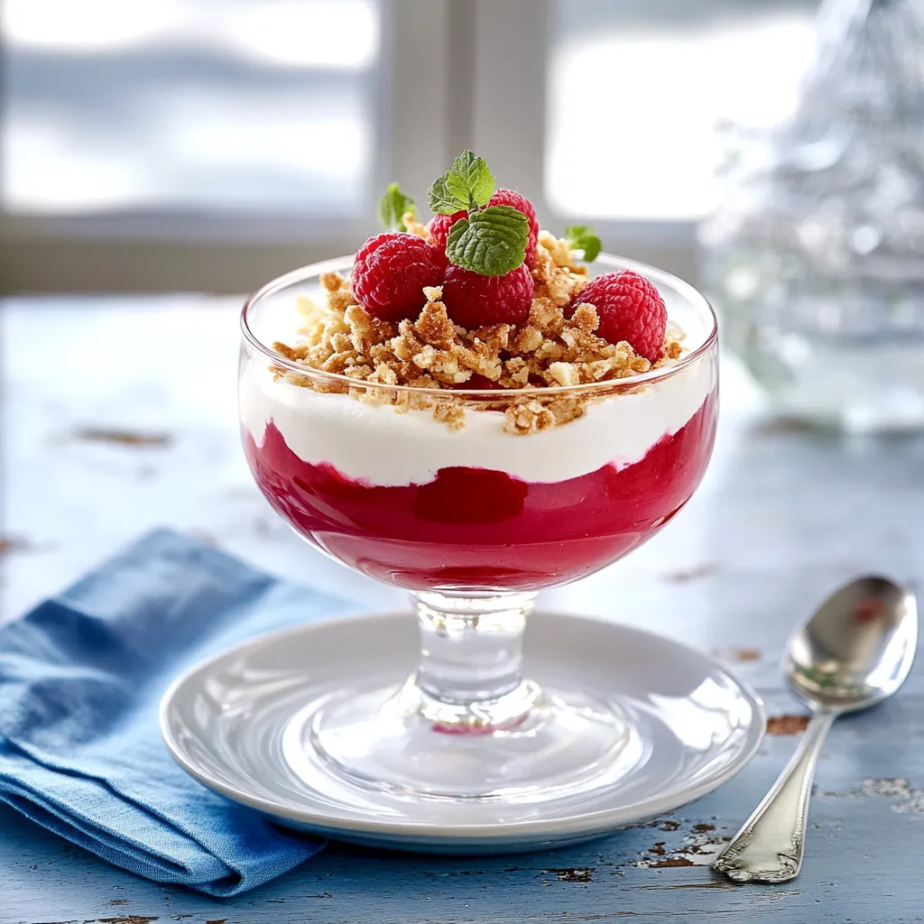 Ein Glas mit Raspberry-Topping auf einem Tisch.
