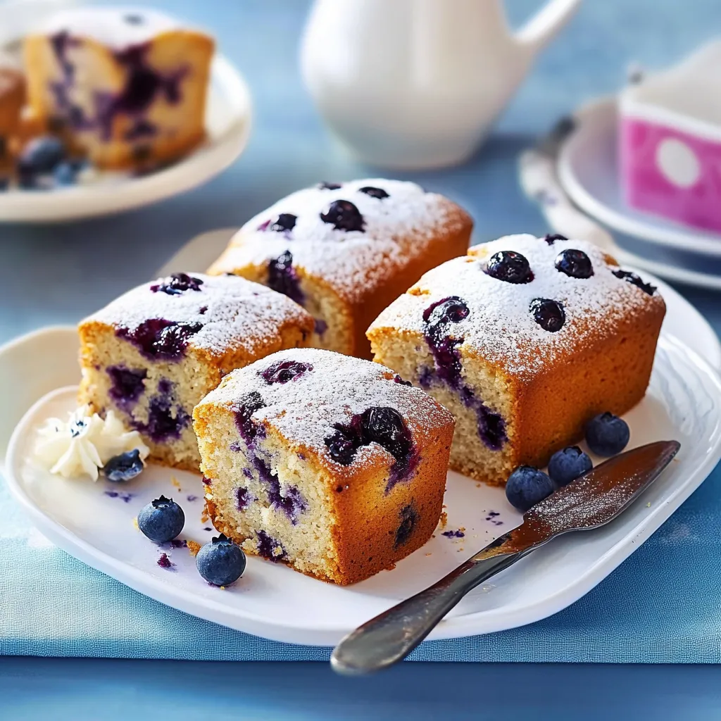 Ein weißer Teller mit sechs Stücken von Blaubeeren-Kuchen.