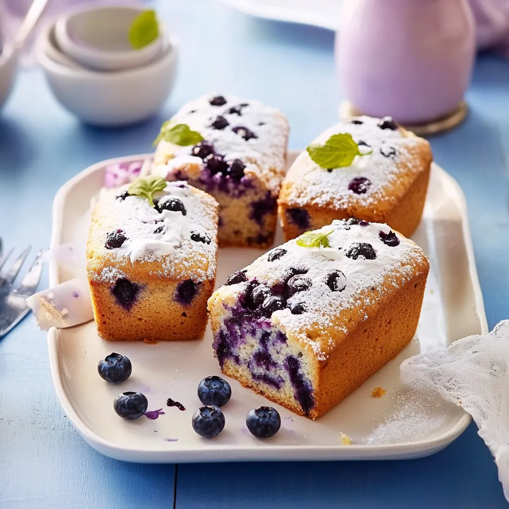 Ein weißer Teller mit drei Stücken von Blaubeeren-Kuchen.