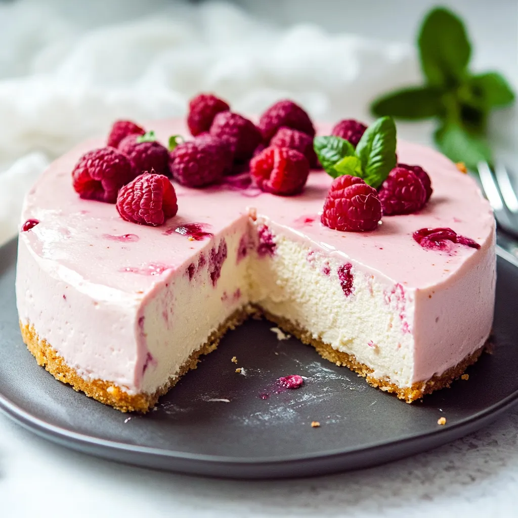 Eine Raspberry-Kuchen-Hälfte auf einem Platter.
