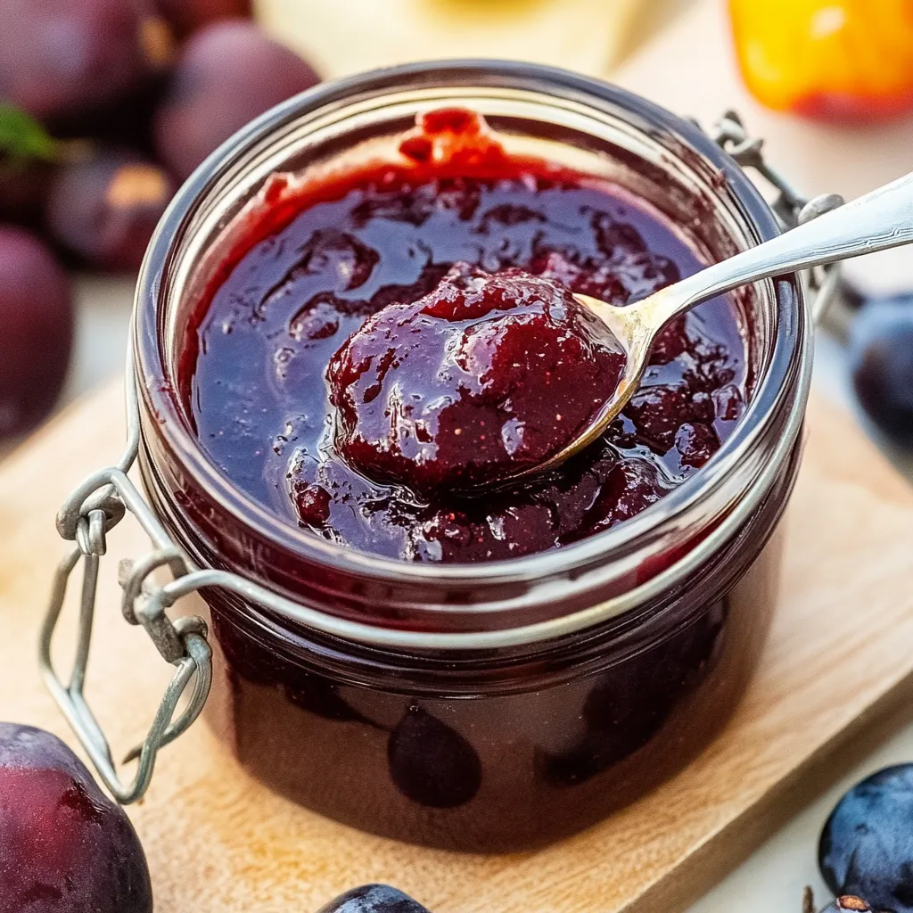 Eine Schüssel mit einer Zimt- oder Kirschsauce, die in einem Glas mit einer Schere aus der Sauce gestochen wurde.