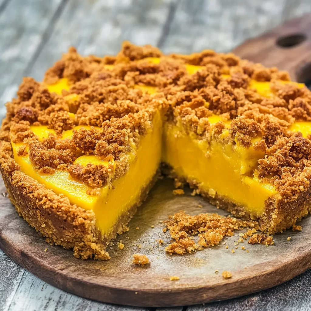 Eine halbe Tafelkuche mit Keksstreusel auf einem Tisch.