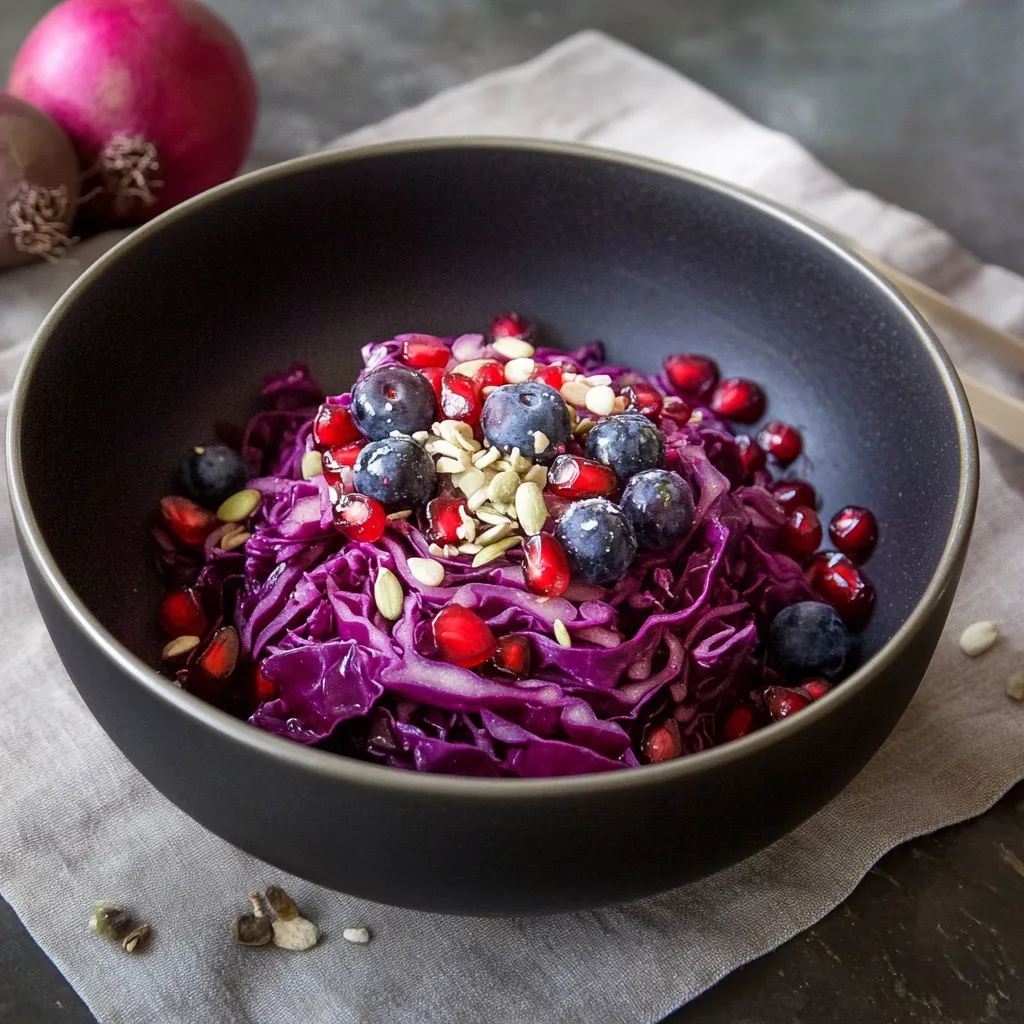Ein schwarzes, glänzendes Bowl mit einer Mischung aus Beeren, Nüssen und Gemüse.