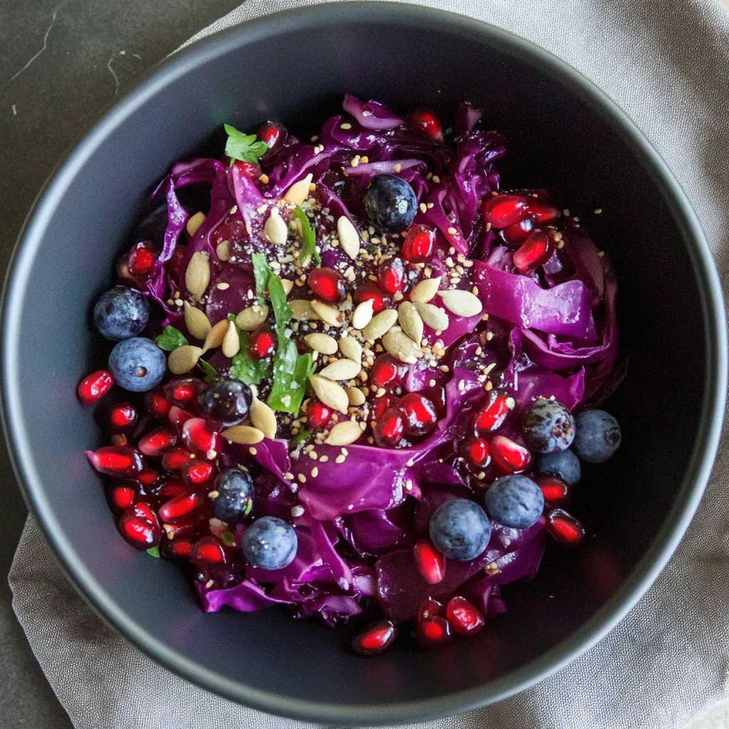 Ein schwarzes Bowl mit einer Mischung aus Beeren, Nüssen und Blattgemüse.
