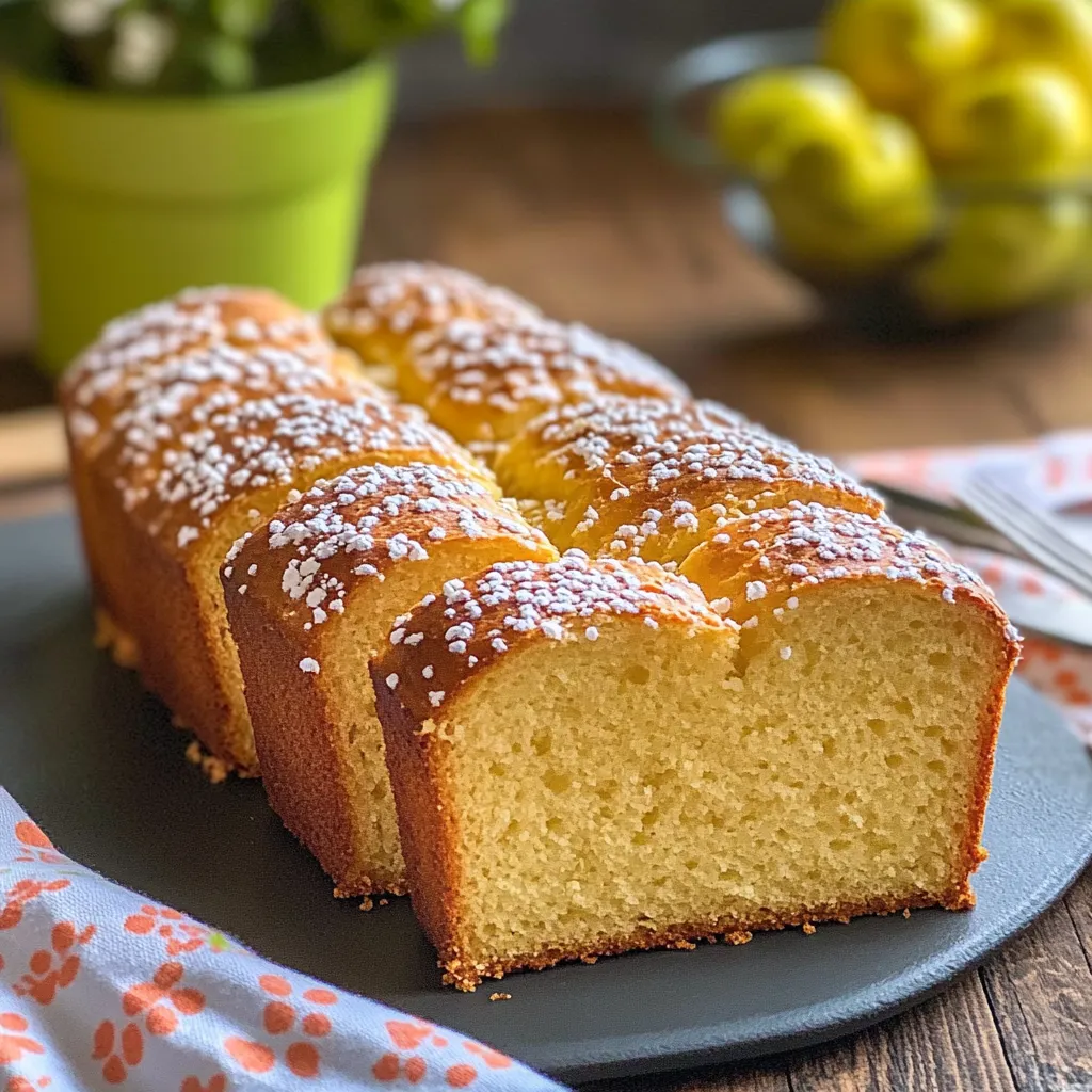 Eine Tafel mit einer Schüssel mit grünen Blumen und einer Schüssel mit grünen Zitrusfrüchten. Ein Stück Kuchen mit Zucker auf einem Teller.