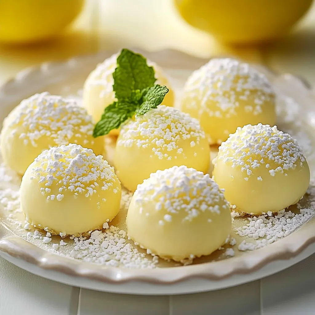 Eine Platte mit sechs weißen, süßen und mit Zucker bestreuten Kugelchen, die mit einer Blattgarnitur garniert sind.