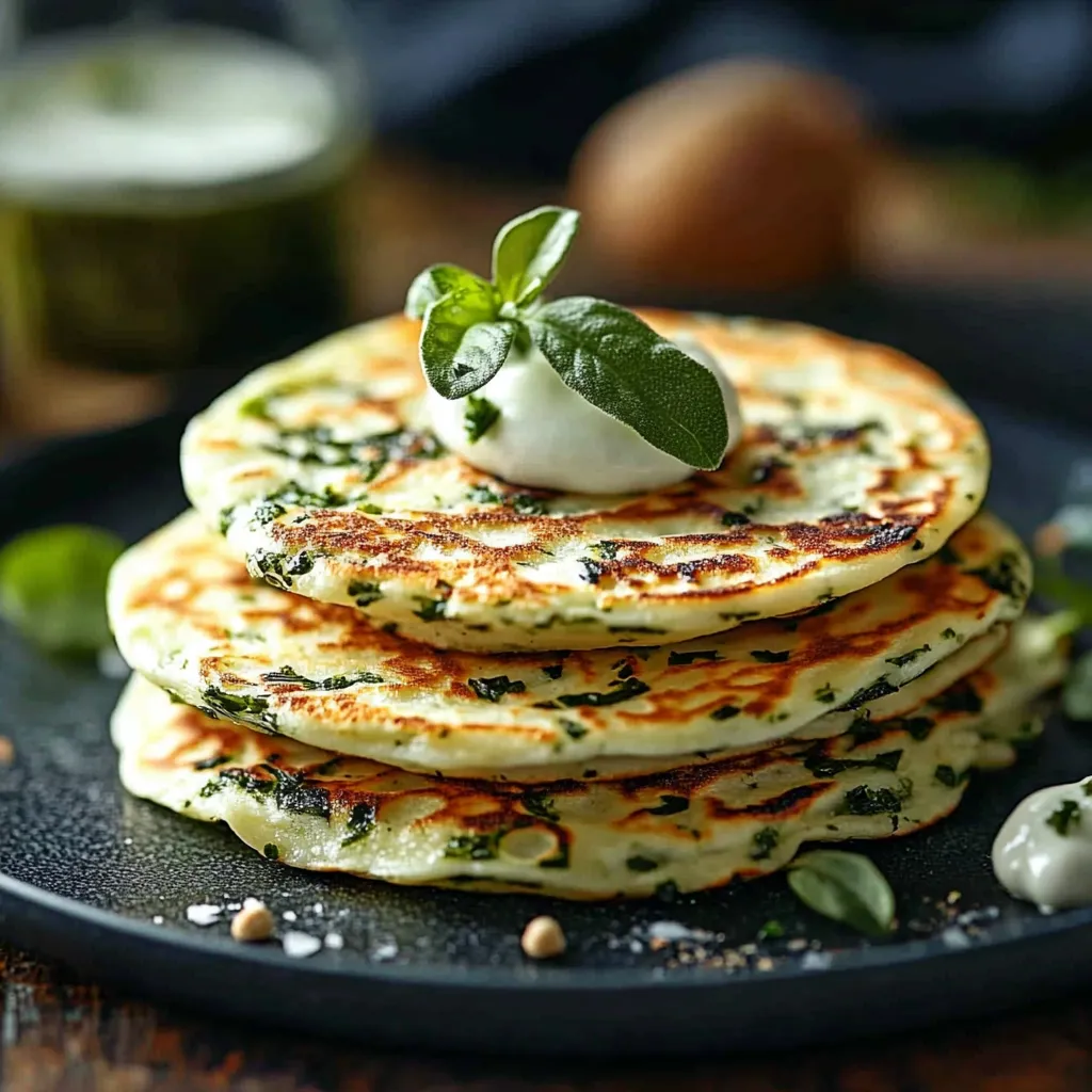 Eine Platte mit Pancakes, die mit Mayonnaise und Spinat garniert sind.