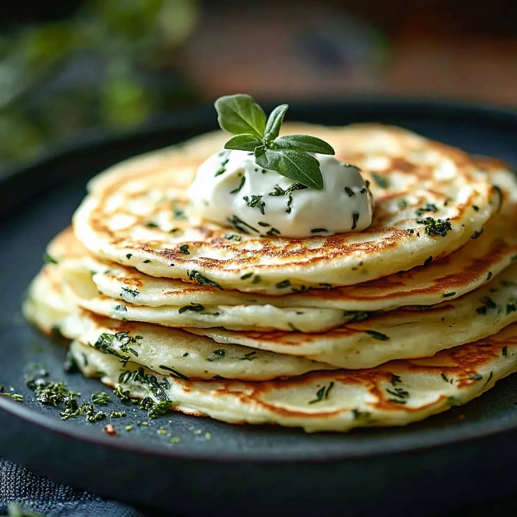 Eine Platte mit Pancakes, die mit Mayonnaise und Kräutern garniert sind.