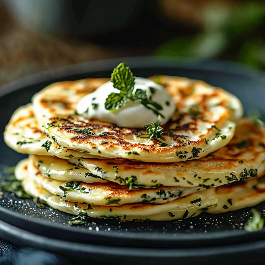 Eine Platte mit Pancakes, die mit Mayonnaise und Zwiebeln garniert sind.