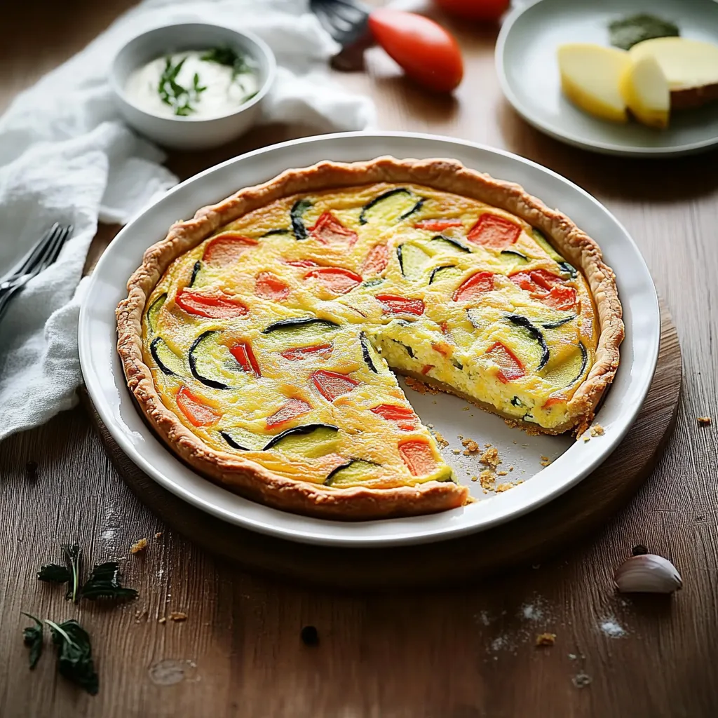 Eine Zucchini-Käse-Tarte auf einem weißen Platter.