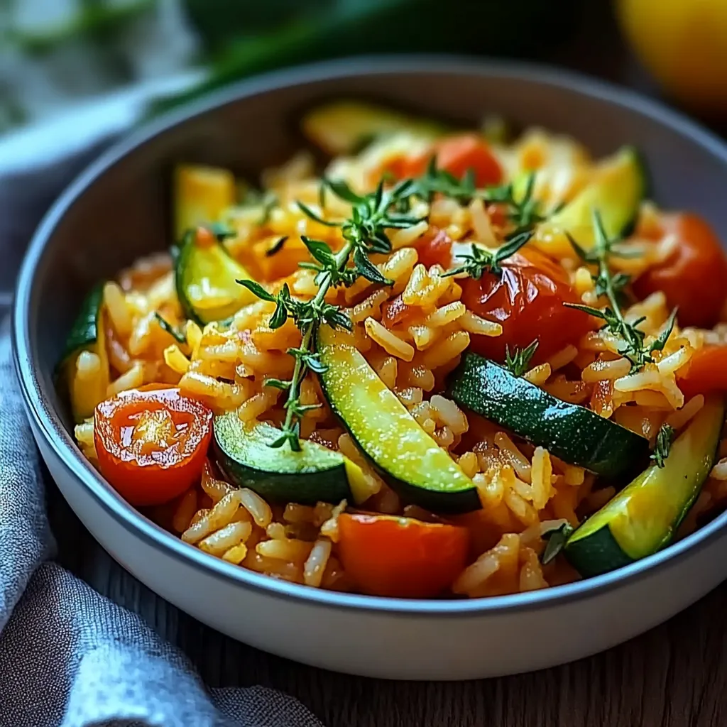Ein Glas mit Reis und Gemüse, darunter Zucchini, Tomaten und Karotten.