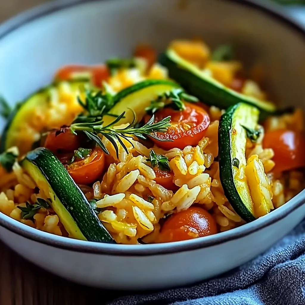 Ein weißer Teller mit einer Mischung aus Reis, Zucchini, Tomaten, Zwiebeln und Koriander.