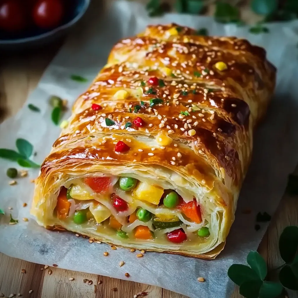 Ein Stück Kuchen mit verschiedenen Zutaten wie Karotten, Peas, Tomaten und Zwiebeln.