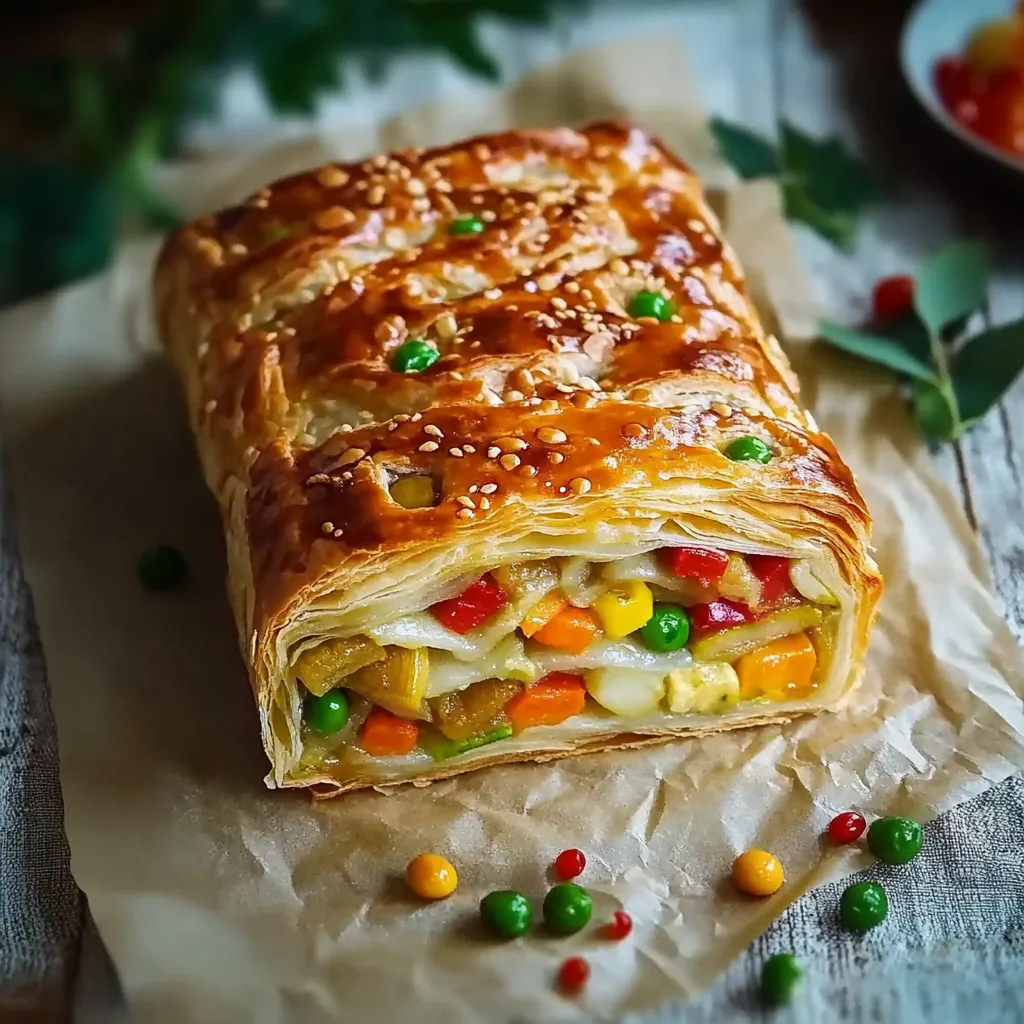 Ein Baguette mit verschiedenen Zutaten wie Kartoffeln, Karotten, Paprika, Zwiebeln und Koriander.
