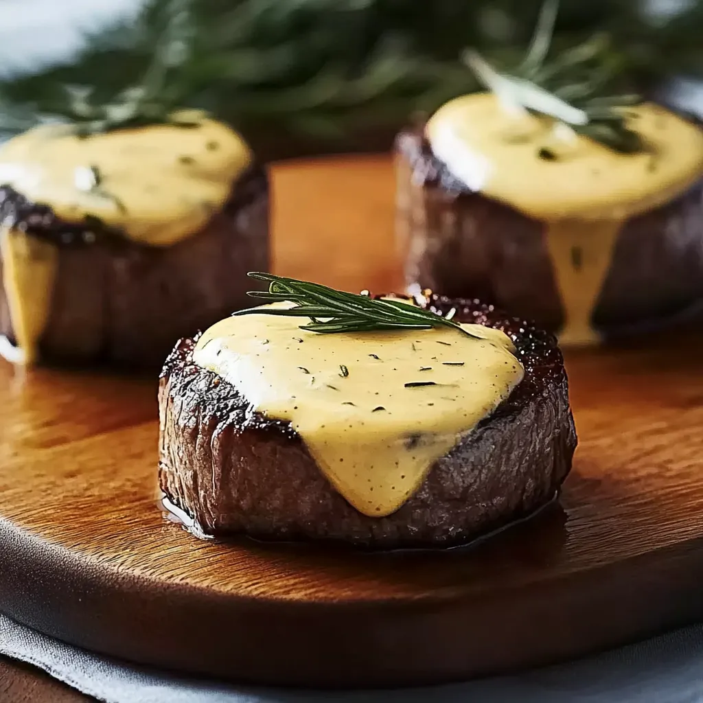 Zwei steak mit sauce auf einem Brett.
