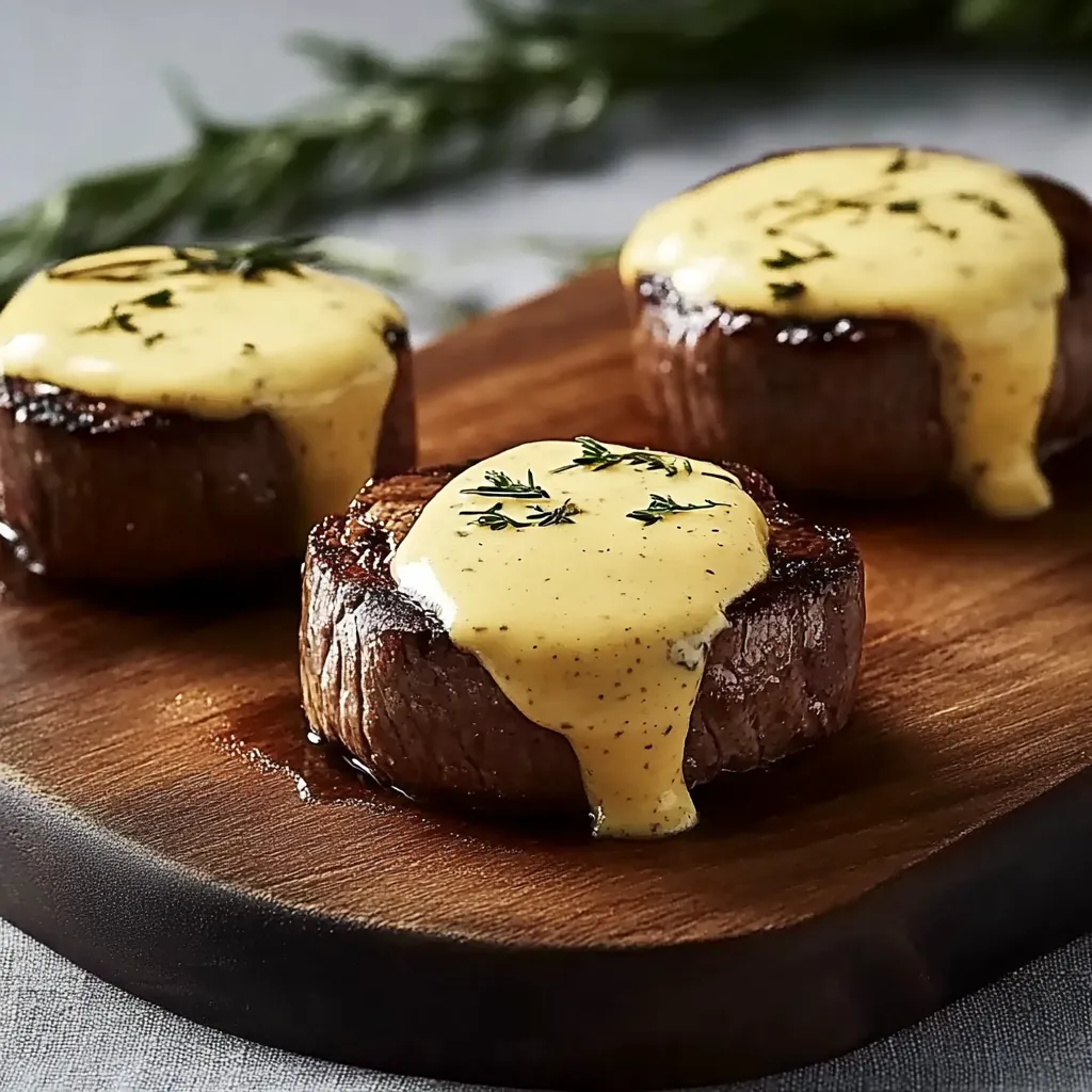 Zwei Steaks mit Sauce auf einem Brett.