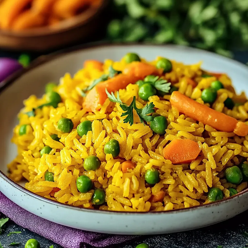 Ein weißer Teller mit einer Mischung aus Reis, Karotten, Peas und Zwiebeln.