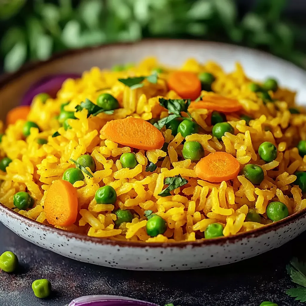 Ein großer Topf mit Reis und Gemüse, darunter Karotten, Peas und Zwiebeln.