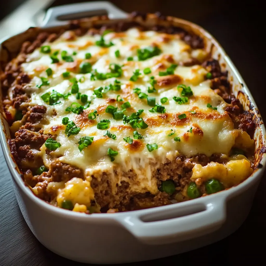 Ein weißer Teller mit einer Mischung aus Käse, Pasta und Zwiebeln.