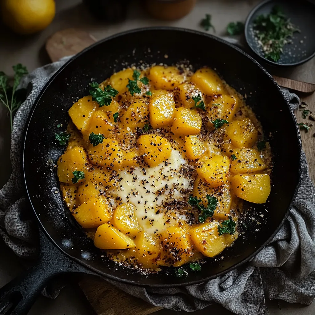 Eine Pfanne mit einer Mischung aus Zwiebeln, Kartoffeln und Zucker.