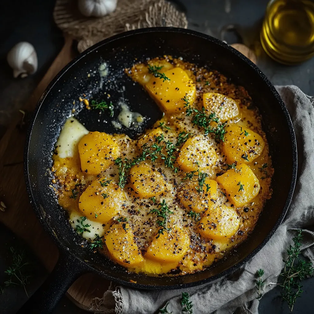 Ein Topf mit einer Mischung aus Zwiebeln, Knoblauch und Kartoffeln, die in einer Pfanne mit Öl zubereitet werden.