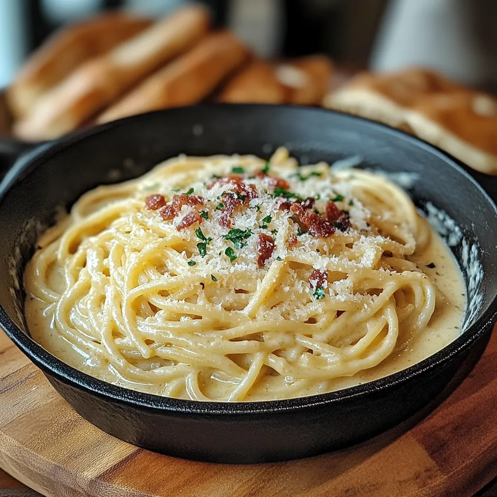 Ein Schalen mit Pasta und Bacon.