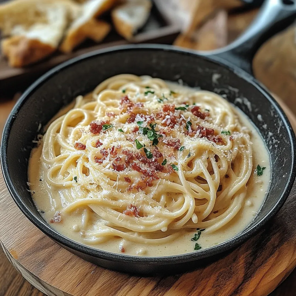 Ein Schalen mit Pasta und Bacon.