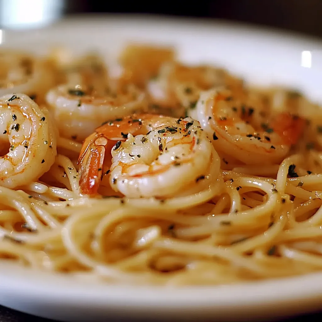 Eine Platte mit Pasta und Shrimp.