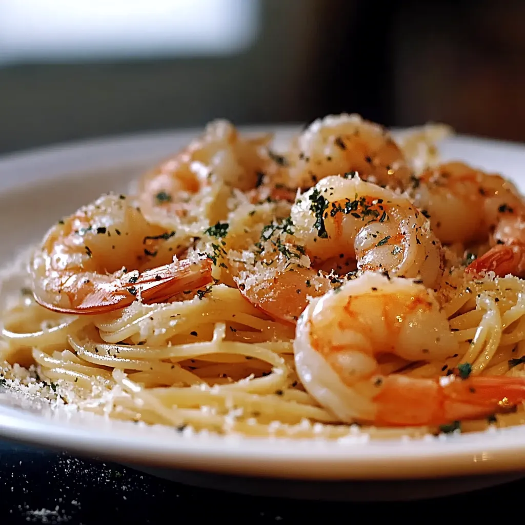 Eine Platte mit Pasta und Shrimp.