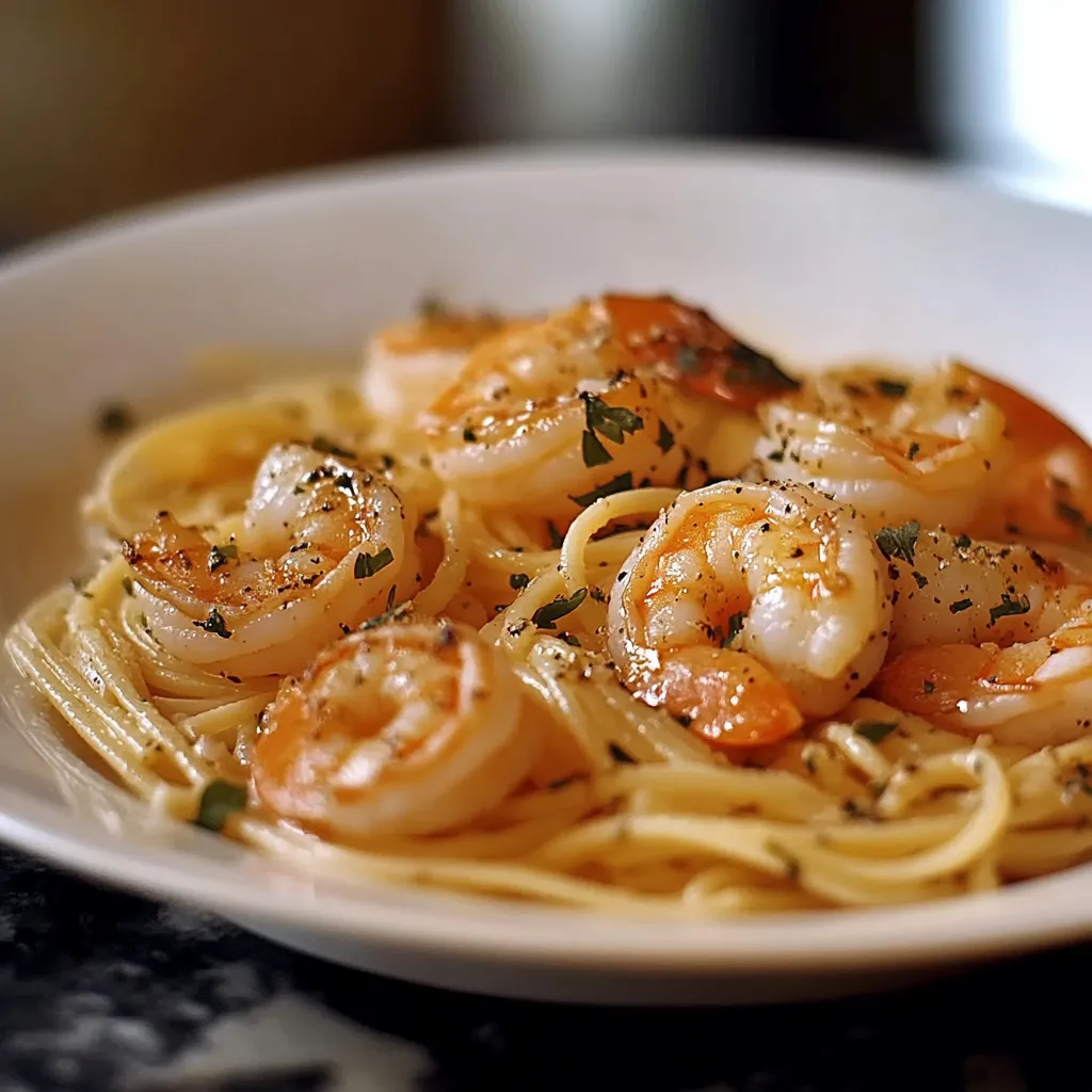 Eine Platte mit Pasta und Shrimp.