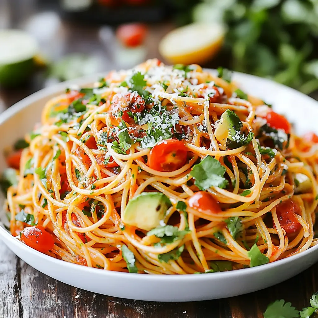 Ein weißer Teller mit Spaghetti und Tomaten auf einer Tischplatte.