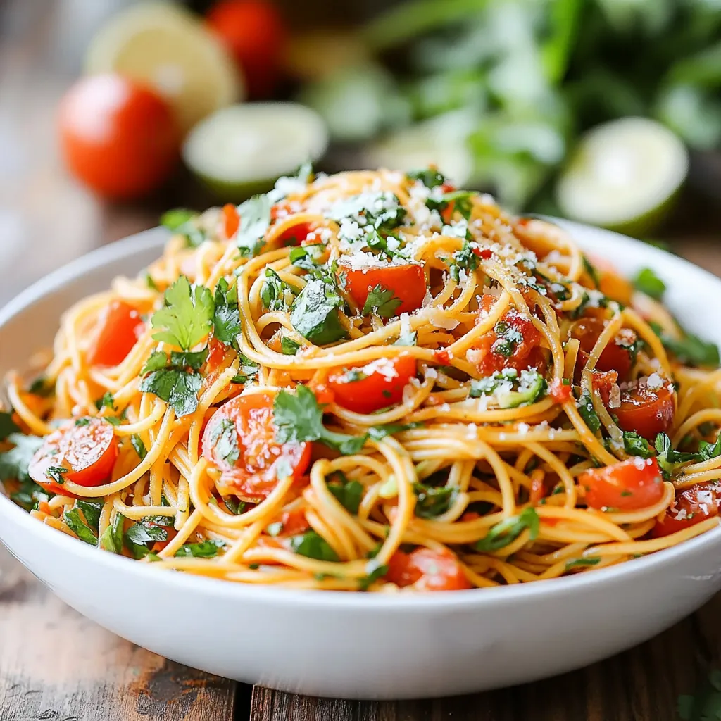 Ein weißer Teller mit Spaghetti und Tomaten.