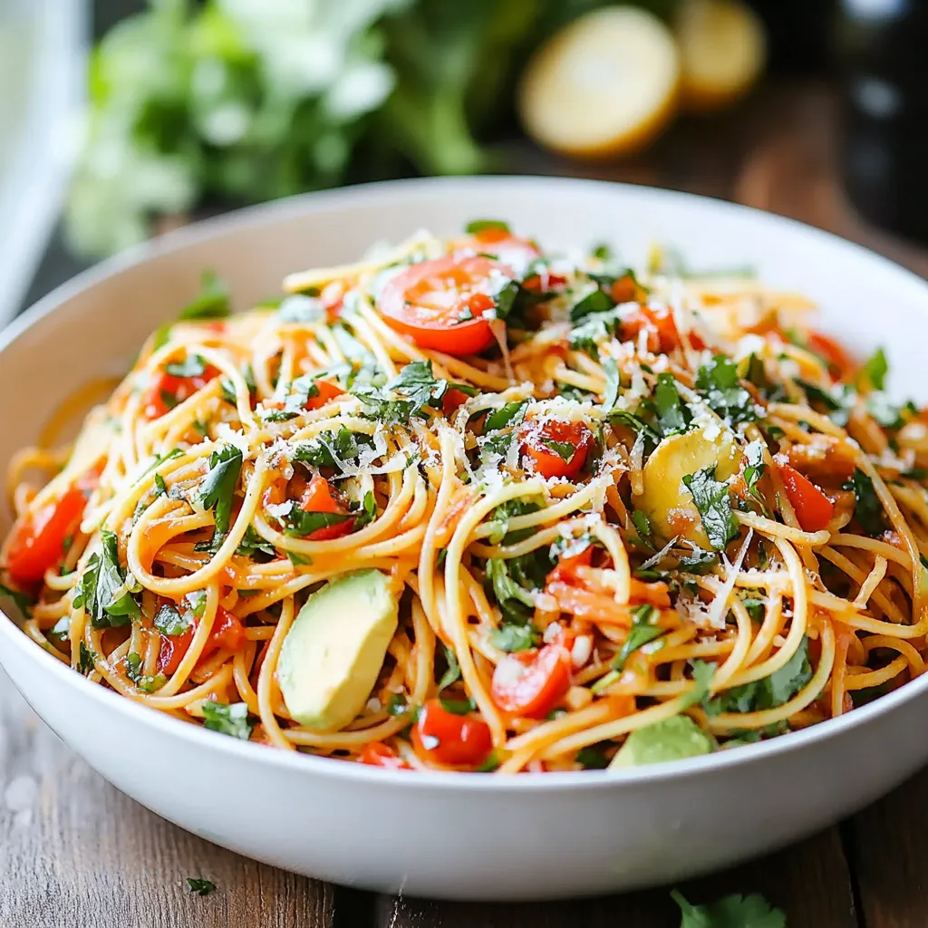 Ein weißer Teller mit einer Mischung aus Pasta, Tomaten, Avocado und Zwiebeln.